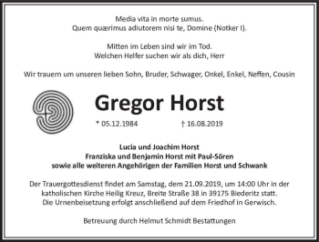 Traueranzeige von Gregor Horst  von Magdeburger Volksstimme