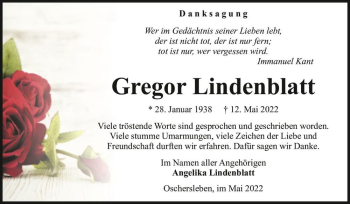 Traueranzeige von Gregor Lindenblatt  von Magdeburger Volksstimme