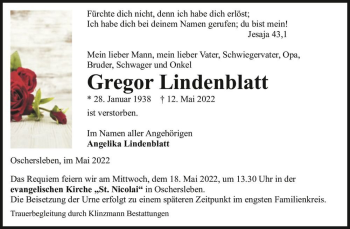 Traueranzeige von Gregor Lindenblatt  von Magdeburger Volksstimme