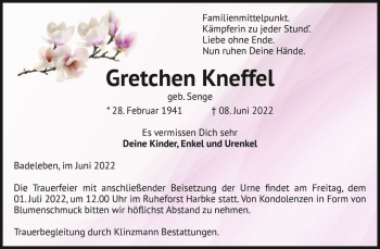 Traueranzeige von Gretchen Kneffel (geb. Senge)  von Magdeburger Volksstimme