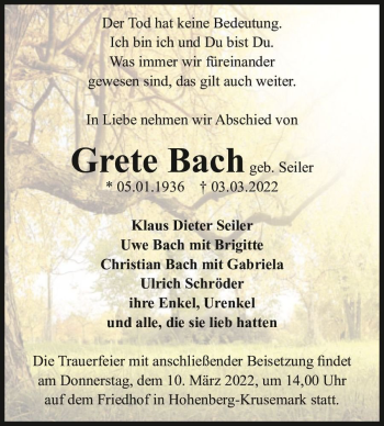 Traueranzeige von Grete Bach (geb. Seiler)  von Magdeburger Volksstimme