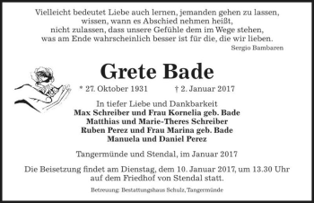 Traueranzeige von Grete Bade  von Magdeburger Volksstimme
