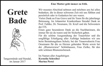 Traueranzeige von Grete Bade  von Magdeburger Volksstimme