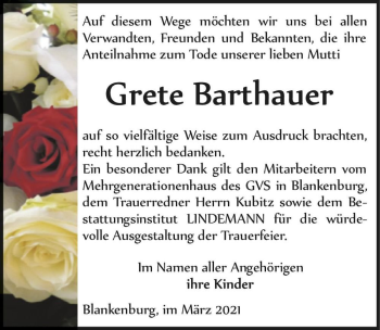 Traueranzeige von Grete Barthauer  von Magdeburger Volksstimme