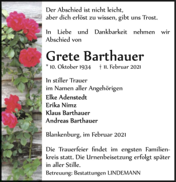 Traueranzeige von Grete Barthauer  von Magdeburger Volksstimme