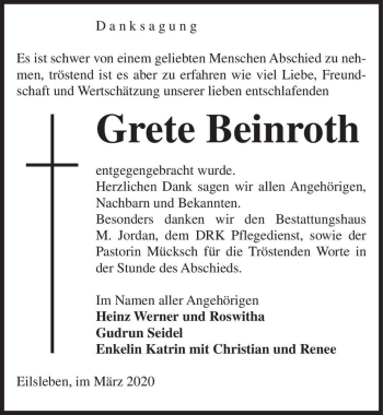 Traueranzeige von Grete Beinroth  von Magdeburger Volksstimme