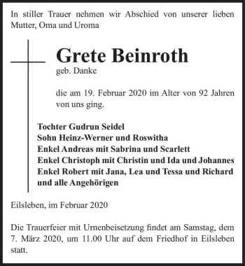 Traueranzeige von Grete Beinroth (geb. Danke)  von Magdeburger Volksstimme