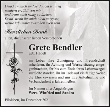 Traueranzeige von Grete Bendler (geb. Hädelt)  von Magdeburger Volksstimme