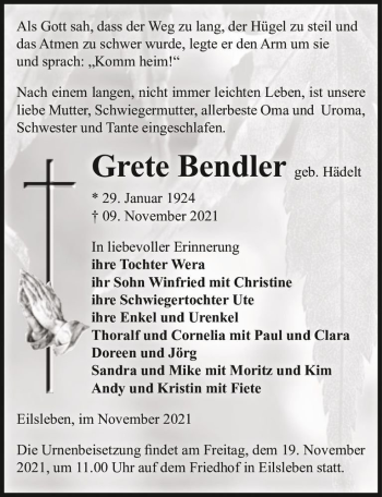 Traueranzeige von Grete Bendler (geb. Hädelt)  von Magdeburger Volksstimme