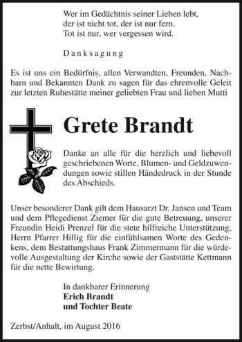Traueranzeige von Grete Brandt  von Magdeburger Volksstimme