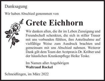 Traueranzeige von Grete Eichhorn  von Magdeburger Volksstimme
