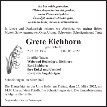 Traueranzeige von Grete Eichhorn (geb. Schultz)  von Magdeburger Volksstimme