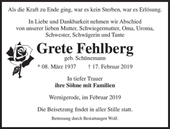 Traueranzeige von Grete Fehlberg (geb. Schünemann)  von Magdeburger Volksstimme