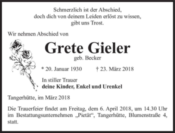 Traueranzeige von Grete Gieler (geb. Becker)  von Magdeburger Volksstimme