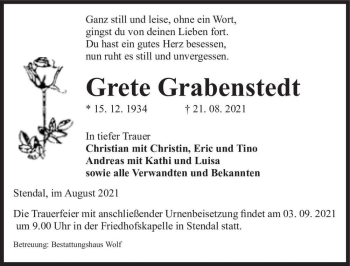 Traueranzeige von Grete Grabenstedt  von Magdeburger Volksstimme