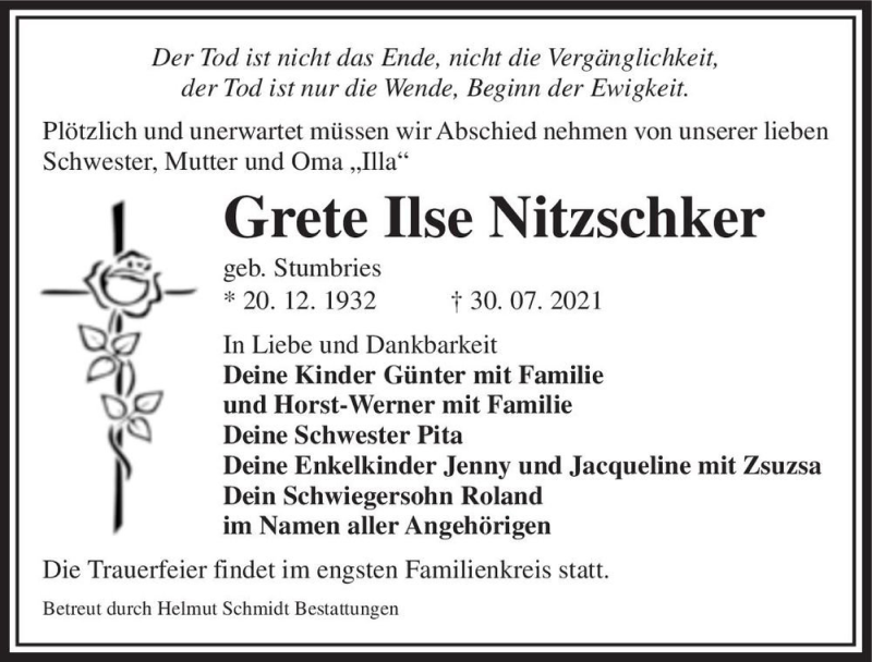  Traueranzeige für Grete Ilse Nitzschker (geb. Stumbries)  vom 07.08.2021 aus Magdeburger Volksstimme