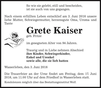 Traueranzeige von Grete Kaiser (geb. Fritze)  von Magdeburger Volksstimme