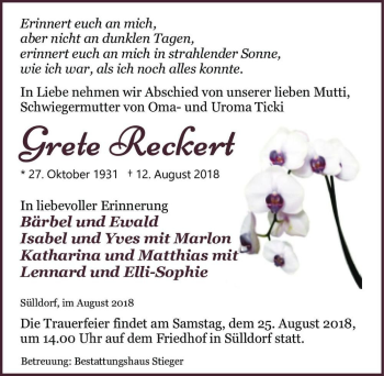 Traueranzeige von Grete Reckert  von Magdeburger Volksstimme