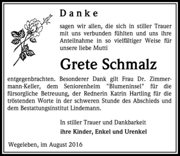 Traueranzeige von Grete Schmalz  von Magdeburger Volksstimme