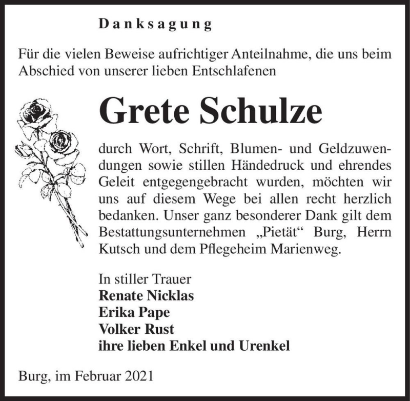  Traueranzeige für Grete Schulze  vom 06.02.2021 aus Magdeburger Volksstimme