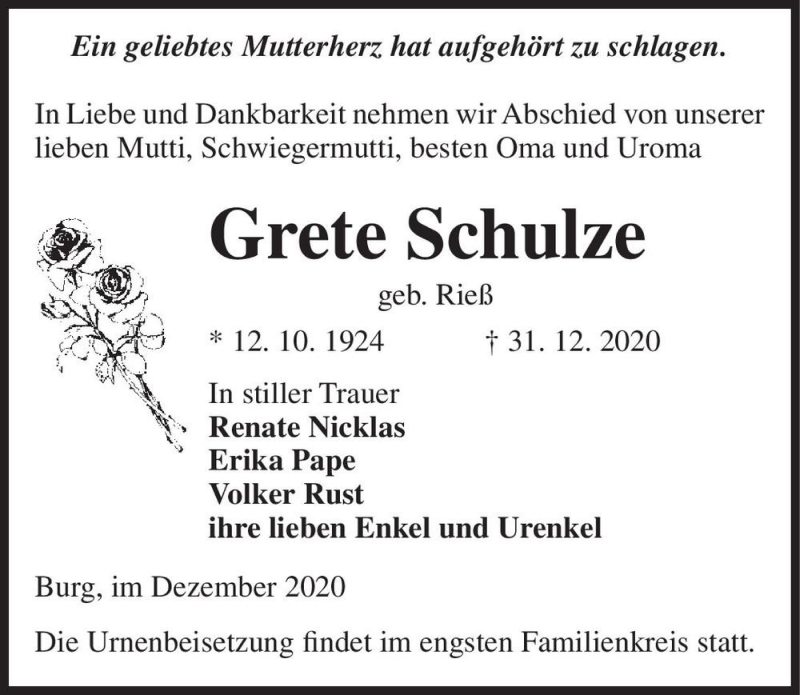 Traueranzeige für Grete Schulze (geb. Rieß)  vom 16.01.2021 aus Magdeburger Volksstimme