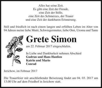 Traueranzeige von Grete Simon  von Magdeburger Volksstimme