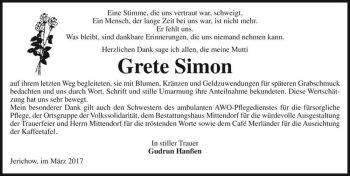 Traueranzeige von Grete Simon  von Magdeburger Volksstimme