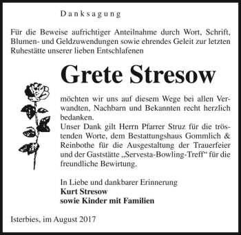 Traueranzeige von Grete Stresow  von Magdeburger Volksstimme