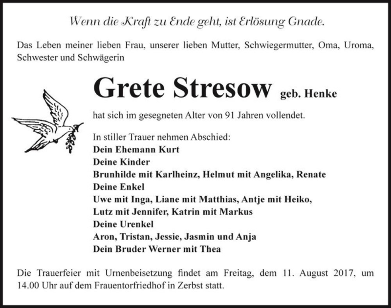  Traueranzeige für Grete Stresow (geb. Henke)  vom 22.07.2017 aus Magdeburger Volksstimme
