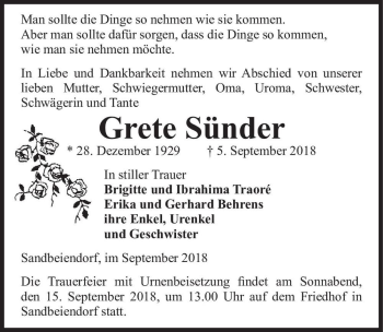 Traueranzeige von Grete Sünder  von Magdeburger Volksstimme