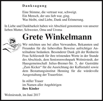 Traueranzeige von Grete Winkelmann  von Magdeburger Volksstimme
