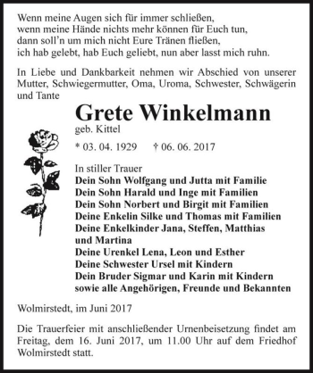 Traueranzeige von Grete Winkelmann (geb. Kittel)  von Magdeburger Volksstimme