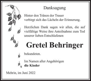 Traueranzeige von Gretel Behringer  von Magdeburger Volksstimme