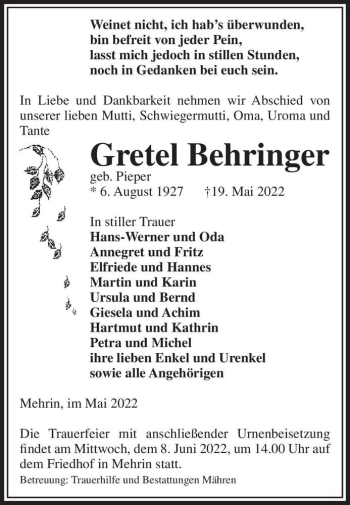 Traueranzeige von Gretel Behringer (geb. Pieper)  von Magdeburger Volksstimme