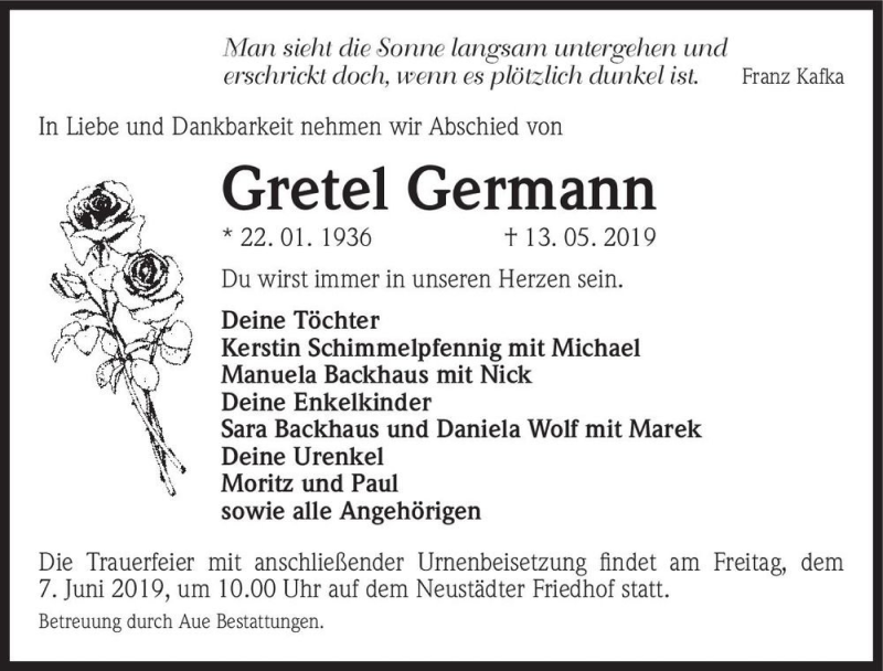  Traueranzeige für Gretel Germann  vom 25.05.2019 aus Magdeburger Volksstimme