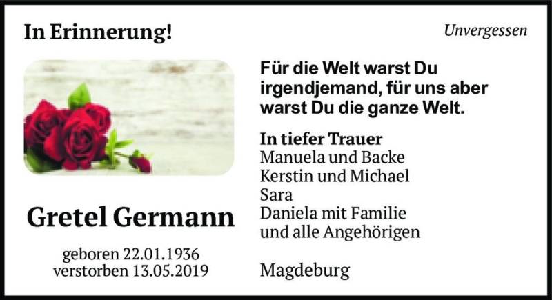 Traueranzeige für Gretel Germann  vom 13.05.2020 aus Magdeburger Volksstimme