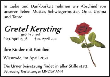 Traueranzeige von Gretel Kersting (geb. Frühauf)  von Magdeburger Volksstimme