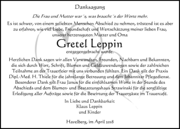 Traueranzeige von Gretel Leppin  von Magdeburger Volksstimme