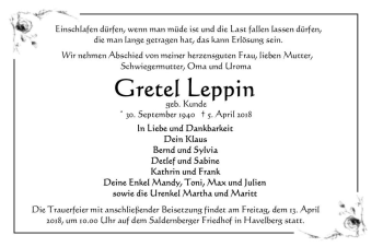 Traueranzeige von Gretel Leppin (geb. Kund)  von Magdeburger Volksstimme