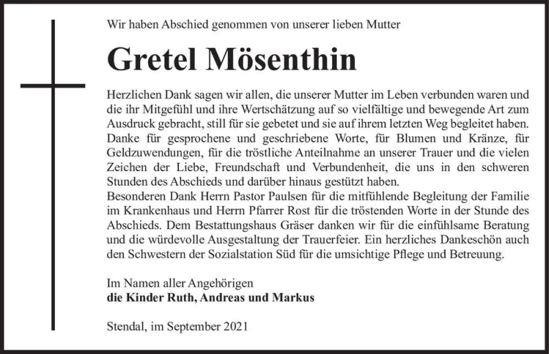  Traueranzeige für Gretel Mösenthin  vom 11.09.2021 aus Magdeburger Volksstimme