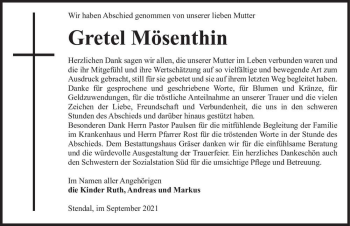 Traueranzeige von Gretel Mösenthin  von Magdeburger Volksstimme