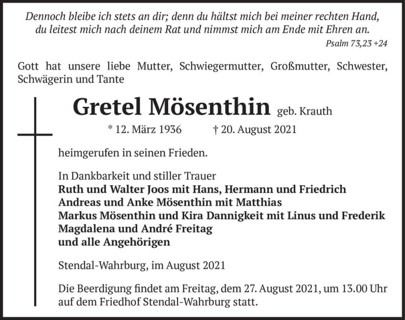  Traueranzeige für Gretel Mösenthin (geb. Krauth)  vom 24.08.2021 aus Magdeburger Volksstimme