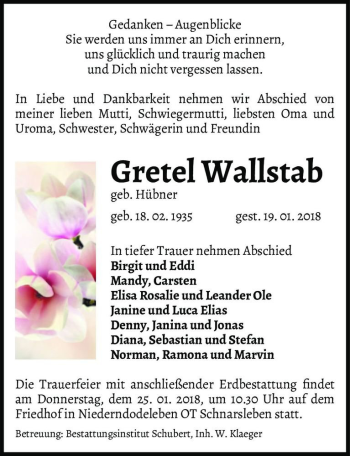 Traueranzeige von Gretel Wallstab (geb. Hübner)  von Magdeburger Volksstimme