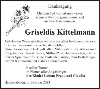 Traueranzeige von Griseldis Kittelmann  von Magdeburger Volksstimme