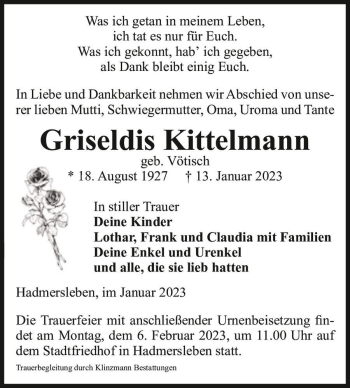 Traueranzeige von Griseldis Kittelmann (geb. Vötisch)  von Magdeburger Volksstimme