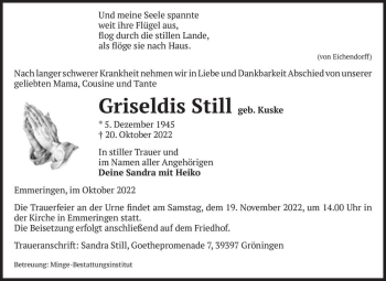 Traueranzeige von Griseldis Still (geb. Kuske)  von Magdeburger Volksstimme