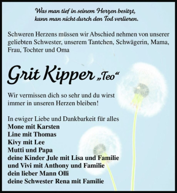 Traueranzeige von Grit Kipper 