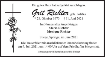 Traueranzeige von Grit Richter (geb. Polifka)  von Magdeburger Volksstimme
