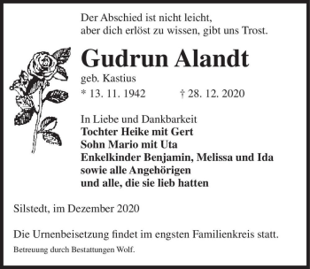 Traueranzeige von Gudrun Alandt (geb. Kastius)  von Magdeburger Volksstimme