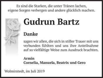 Traueranzeige von Gudrun Bartz  von Magdeburger Volksstimme